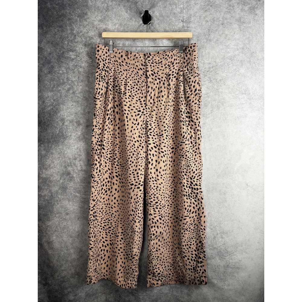 The Limited Wide-Leg Pleated Cheetah Print Linen Blend Trousers Pants Size 12